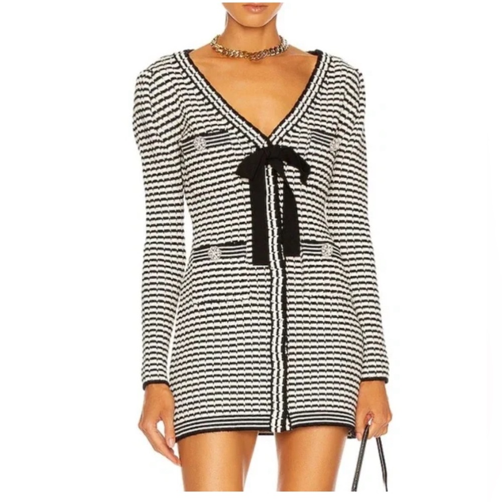 new with tag Self-Portrait Bow-detailed Striped Cotton-blend Mini Dress - Size L